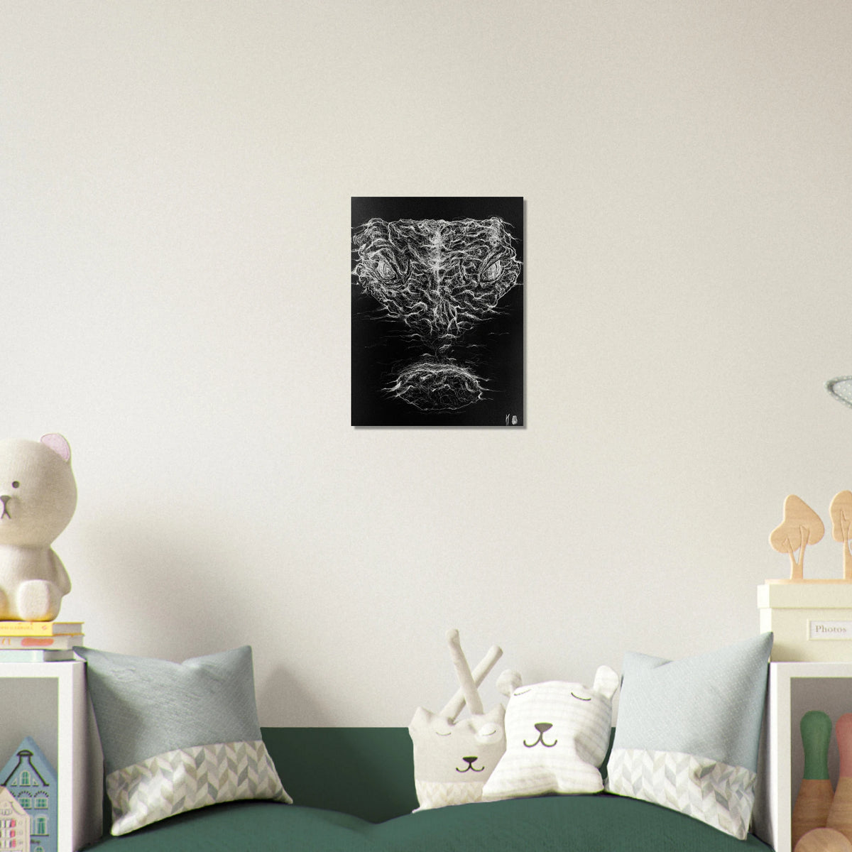Original white charcoal drawing on black paper of an alligator emerging from the water's surface, capturing a powerful and suspenseful moment of quiet movement and intensity.
