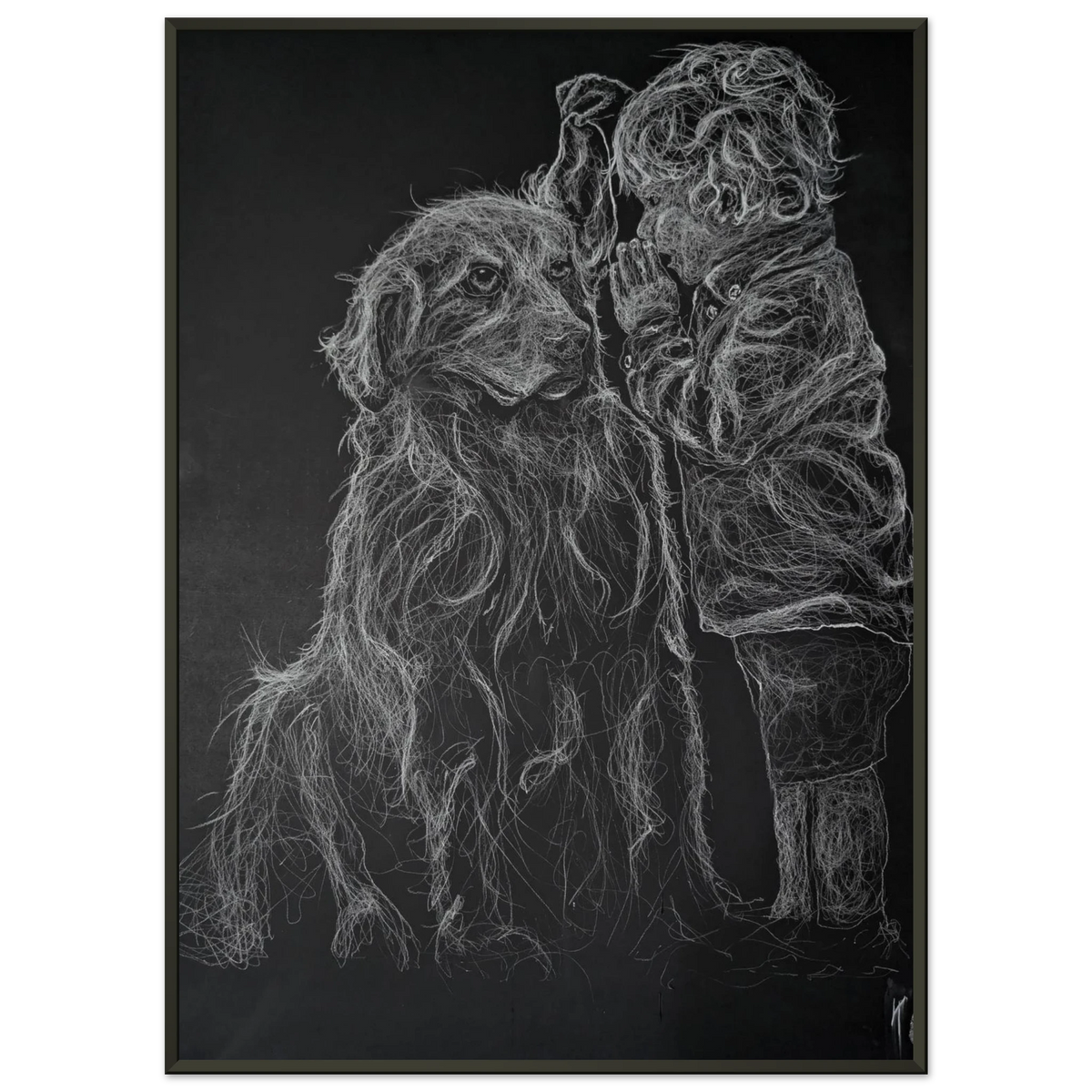 Child whispering a secret into a dogs ear on black paper, drawn in white charcoal, capturing trust, innocence, companionship, and quiet connection.