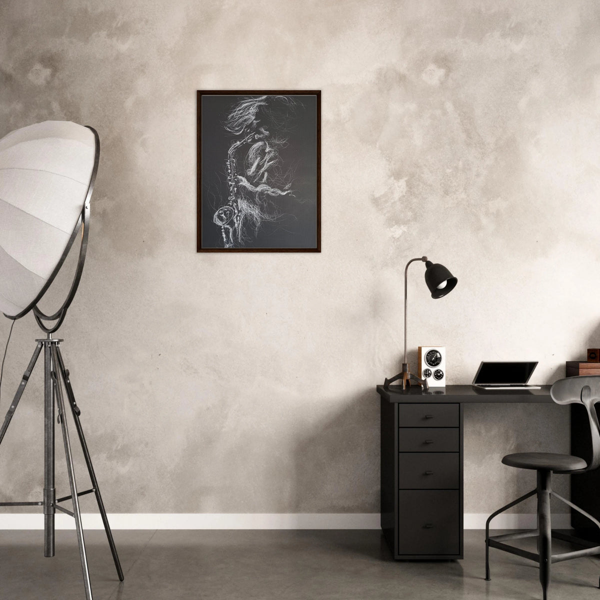 Man with windblown hair playing saxophone against deep negative space, drawn in white charcoal, evoking music, solitude, and intensity. 