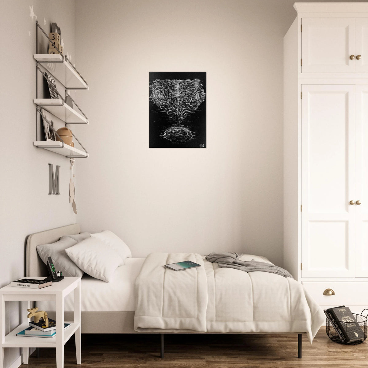 Original white charcoal drawing on black paper of an alligator emerging from the water's surface, capturing a powerful and suspenseful moment of quiet movement and intensity.