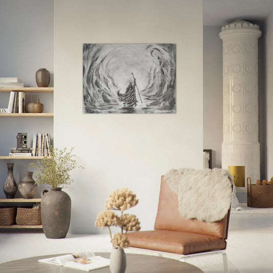 A stunning black and white charcoal artwork capturing the iconic scene of Moses parting the red sea