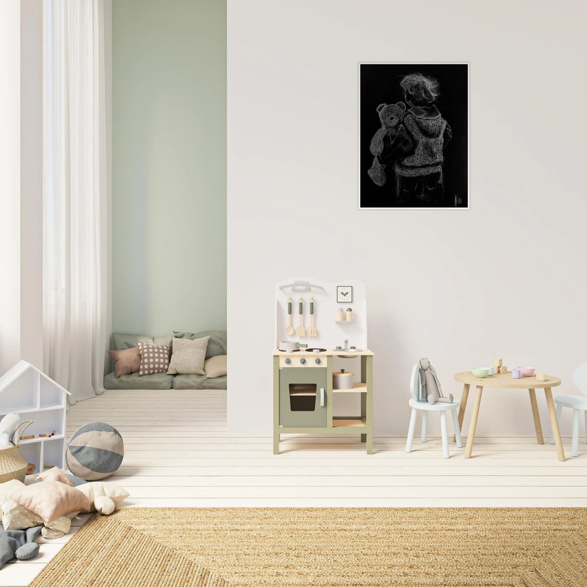 Young boy walking away while holding a teddy bear facing the viewer, symbolizing childhood innocence, vulnerability, memory, and the quiet echo of youth.