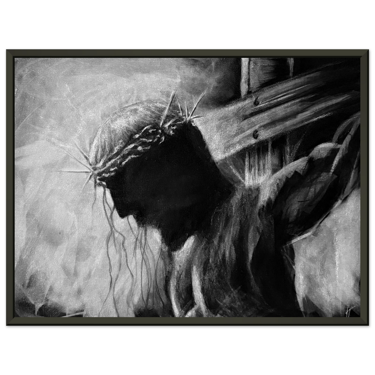 White charcoal drawing of jesus christ hanging on the cross against a black canvas