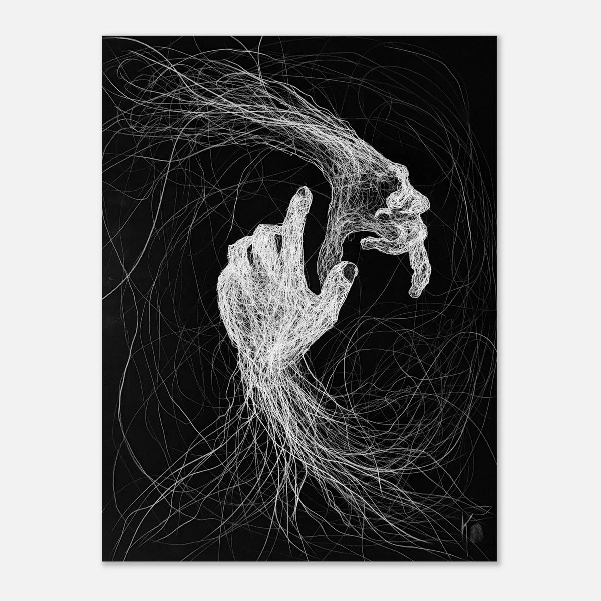 original white charcoal drawing on black paper of two hands reaching for each other, nearly forming a circle, symbolizing connection, love, hope, and an unbroken bond.