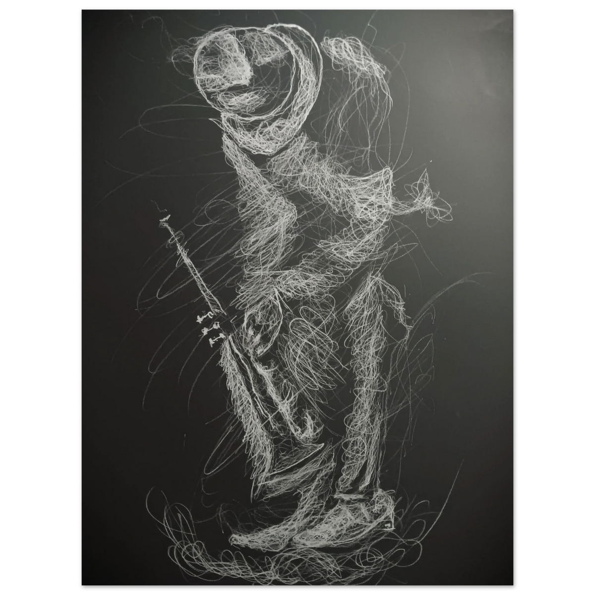Musician sitting quietly after a performance, holding a trumpet and looking to the side, drawn in white charcoal on black paper, conveying exhaustion, solitude, and reflection.