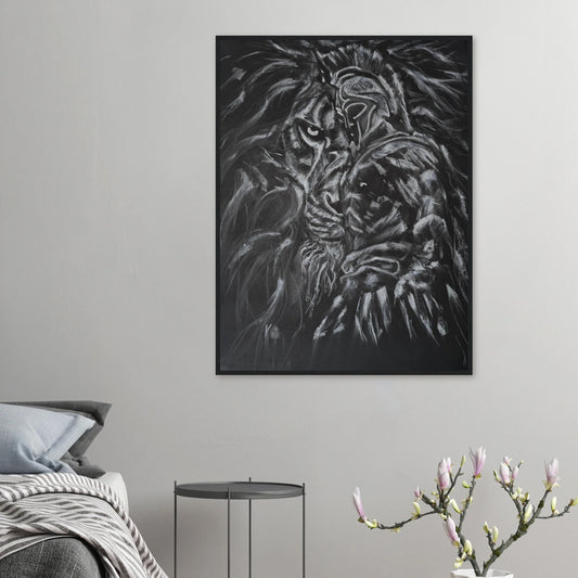 Original charcoal drawing of a soldier with a lion emerging from the shadows on black paper