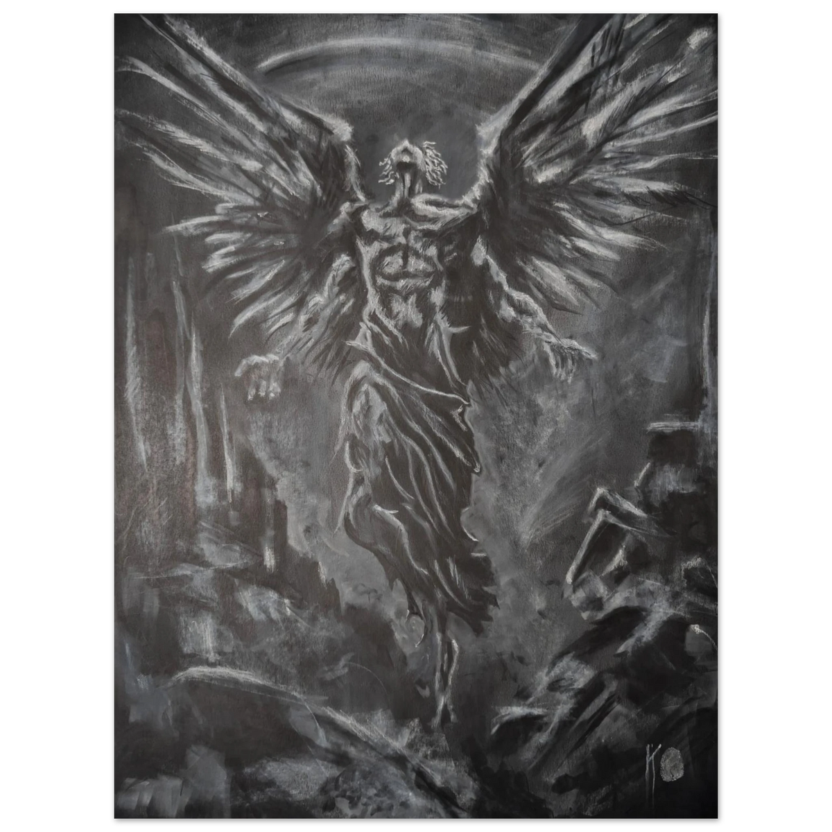 white charcoal angel emerging from darkness on black paper, titled his work is done.