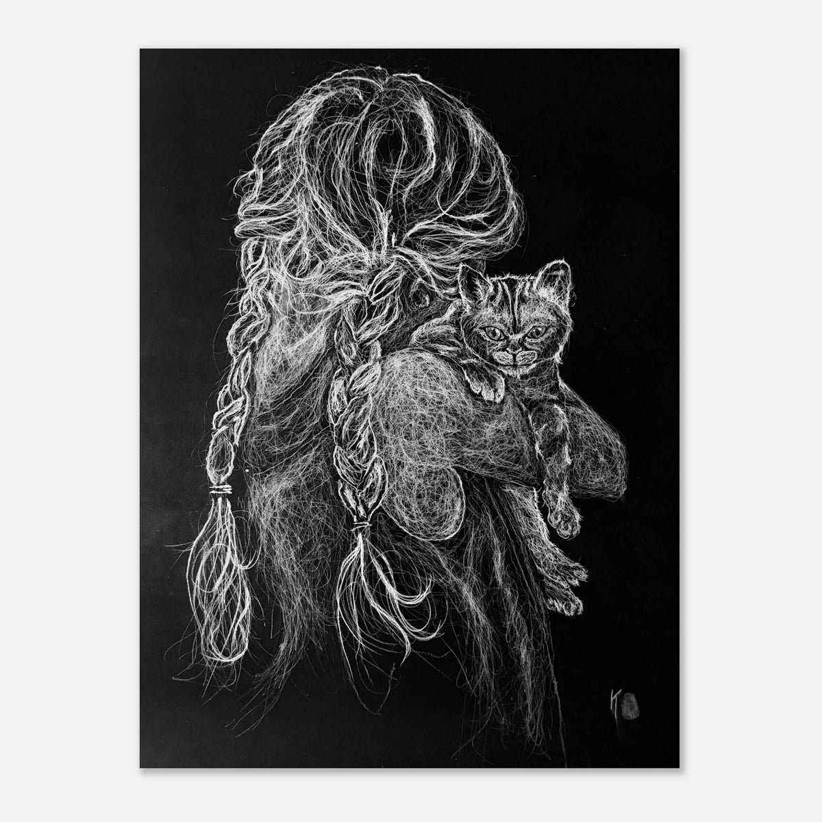 Original white charcoal drawing on black aper of a young girl holding her kitten, capturing a heartfelt moment of love, relief, and the bond between a child and her pet.