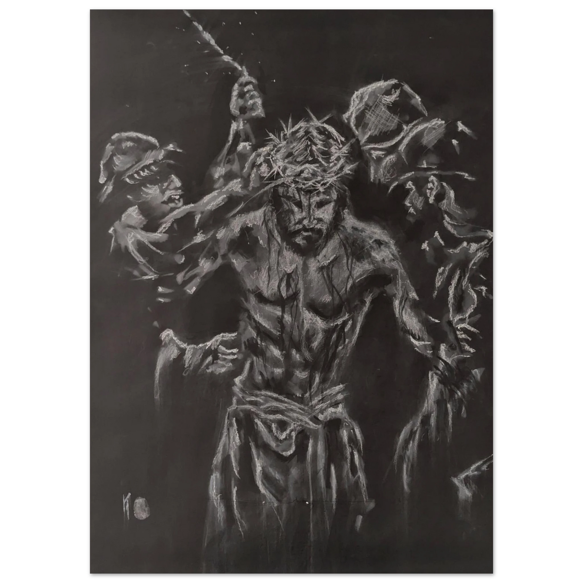 Jesus walking toward the viewer between roman guards in the sentence by chaos line studios