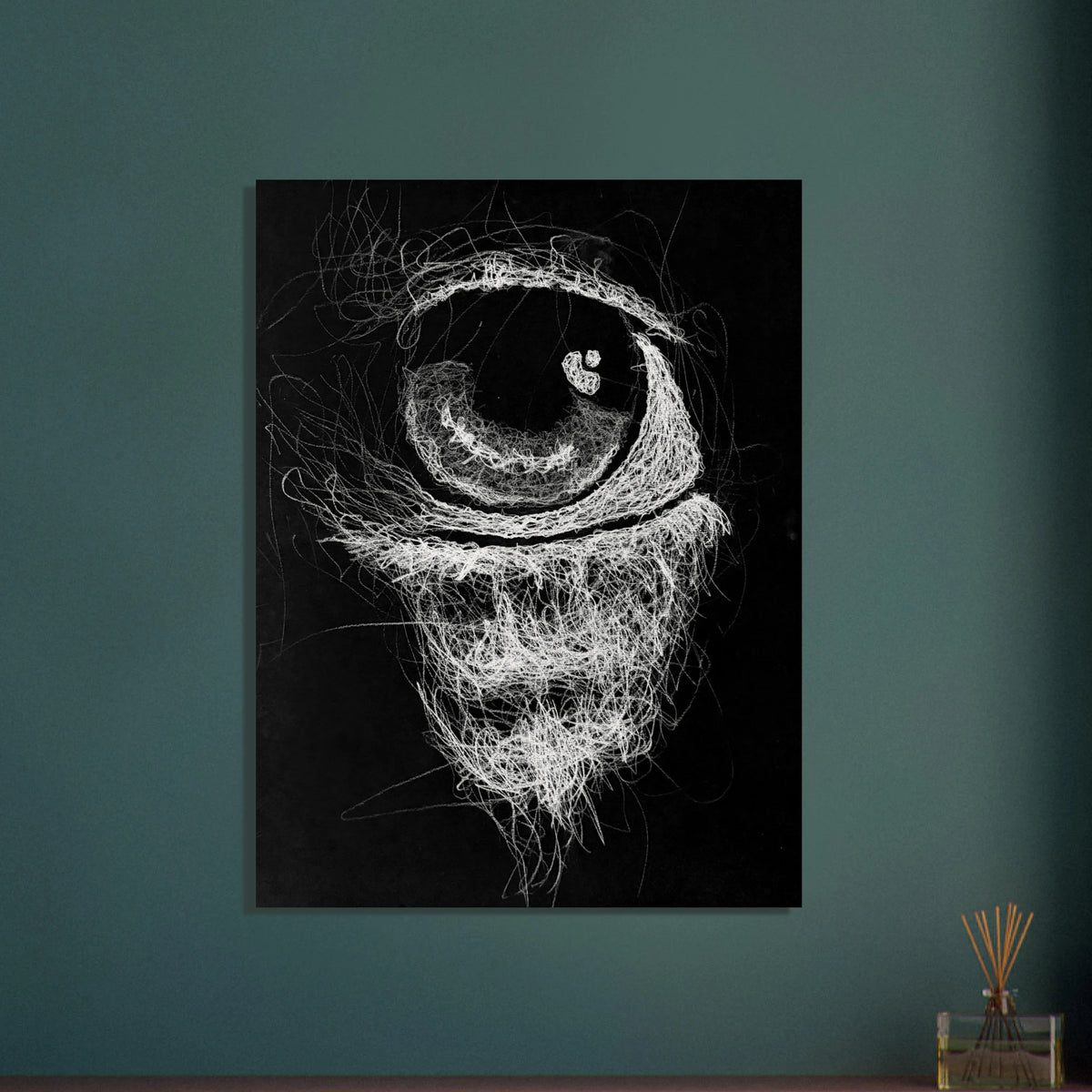 Abstract white charcoal artwork of an eye on black paper by Kerry Miller of Chaos Line Studios, exploring focus, awareness, and quiet intensity.