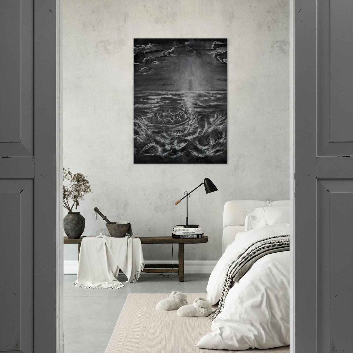 White charcoal artwork depicting Peter in the sea with Jesus faintly visible through the storm