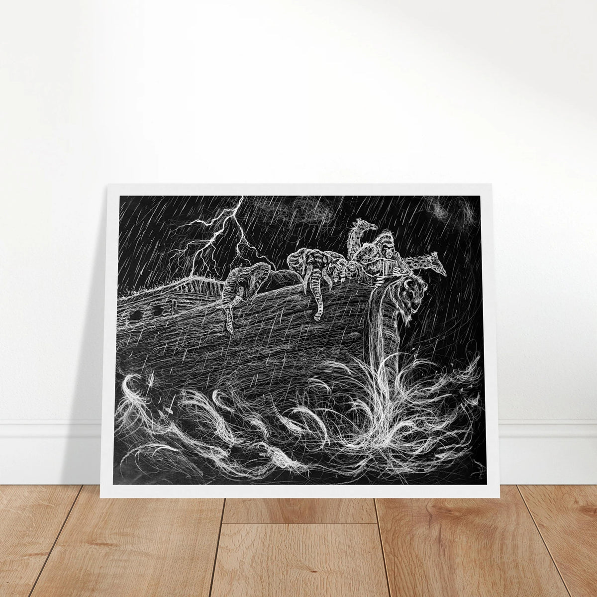 Original white charcoal drawing on black paper depicting Noah's ark, capturing a powerful scene of faith, perseverance, and hop emerging from chaos through dramatic contrast and light.