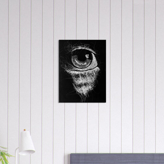 Abstract white charcoal artwork of an eye on black paper by Kerry Miller of Chaos Line Studios, exploring focus, awareness, and quiet intensity.